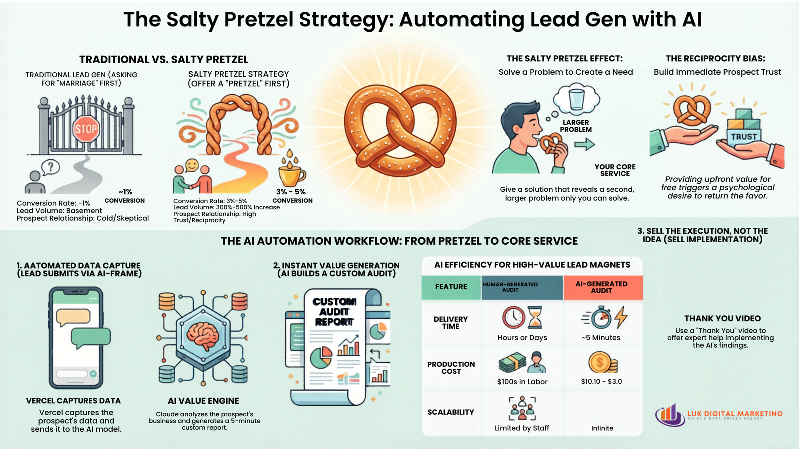 The Salty Pretzel Strategy: Automating Lead Gen with AI — infographic comparing traditional lead gen with the salty pretzel approach, the reciprocity bias, and the AI automation workflow
