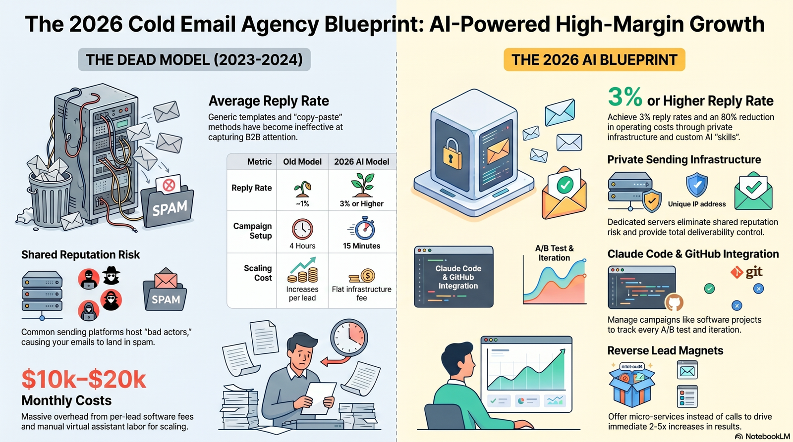 The 2026 Cold Email Agency Blueprint comparing the dead 2023-2024 model with the AI-powered model: 1% vs 3%+ reply rates, 4-hour vs 15-minute campaign setup, and per-lead vs flat infrastructure cost.