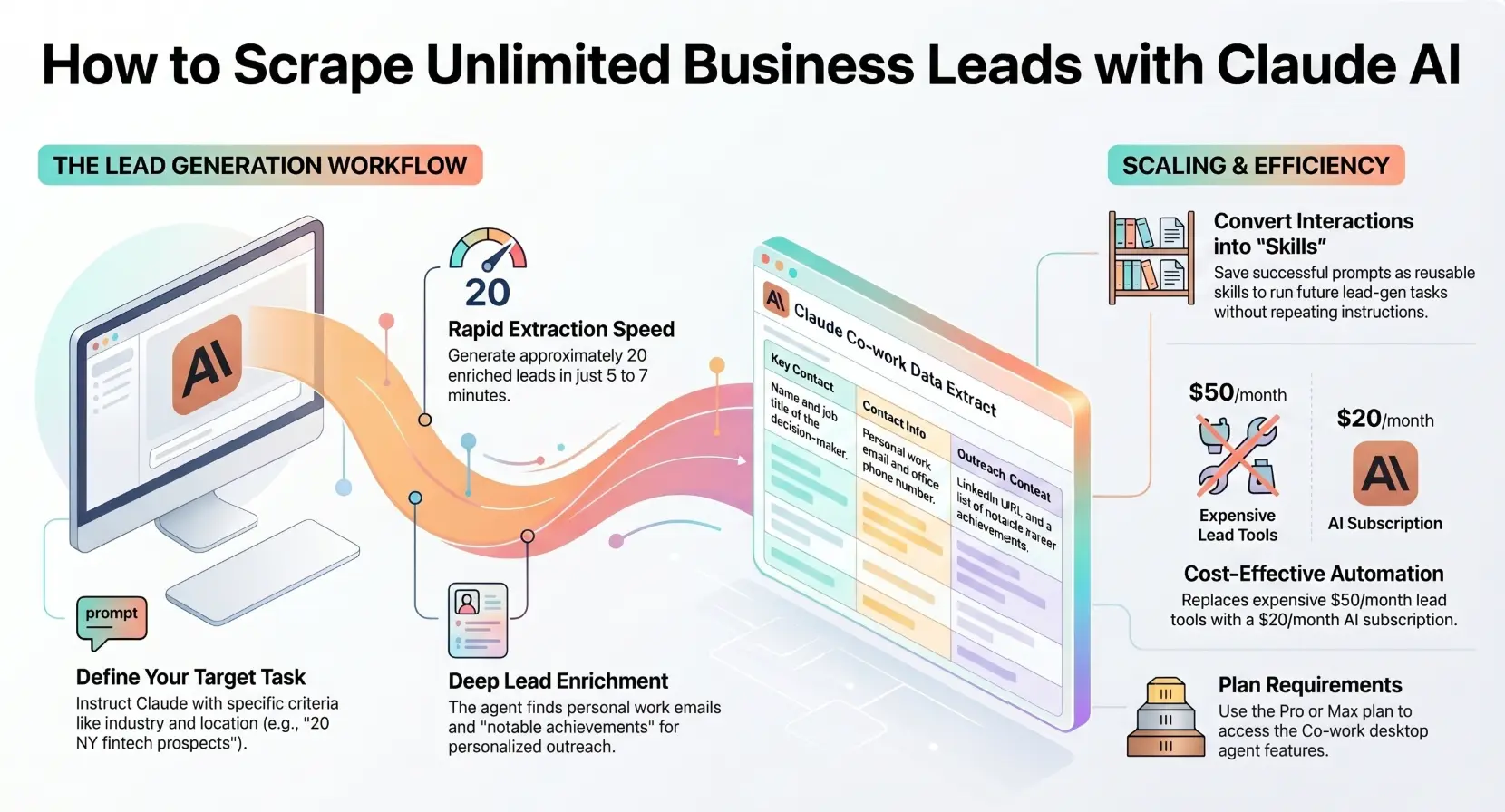 Infographic showing an AI-powered lead generation workflow using Claude AI to define prospecting tasks, extract enriched leads, organize data into a spreadsheet, save reusable skills, and reduce lead generation tool costs.