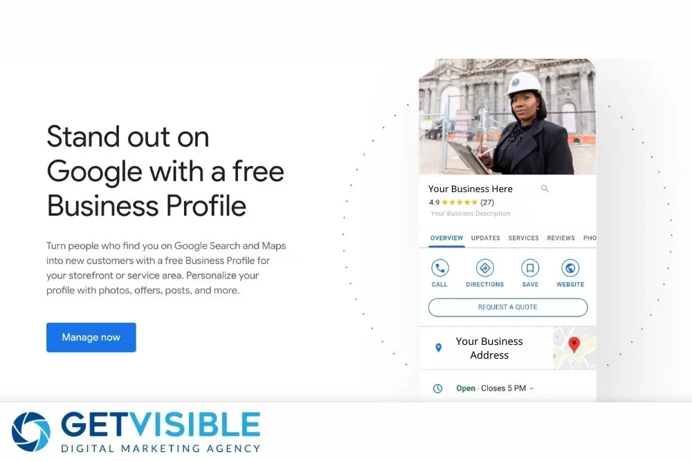 Promotional graphic for Google Business Profile, featuring a mock-up of a business listing on Google with a high rating and various options like call, directions, and website. A professional woman in construction attire is shown using a tablet, symbolizing business management and online presence enhancement.