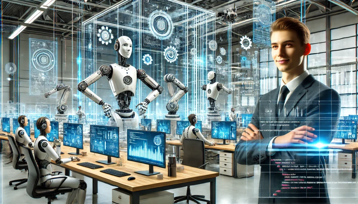 Image of an ai automation powered office with a person looking at the camer smiling