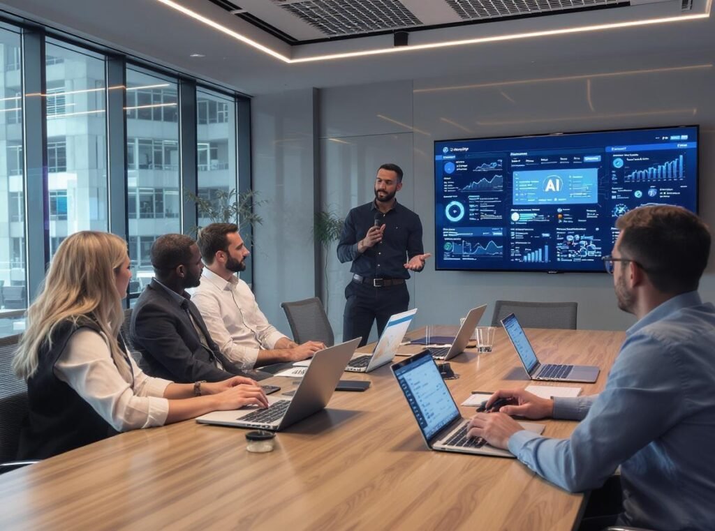 Team of marketers looking at an AI dashboard