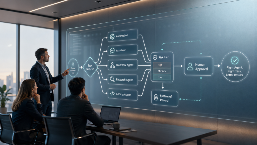 Business team reviewing a digital AI agent decision tree with options for automation, assistants, workflow agents, research agents, coding agents, risk tiers, system of record, and human approval.