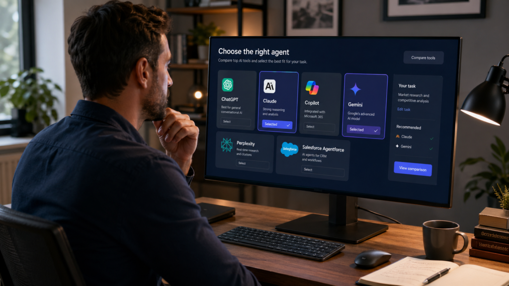 Person working at a computer while comparing popular AI agent platforms on screen to choose the right tool for a business task.