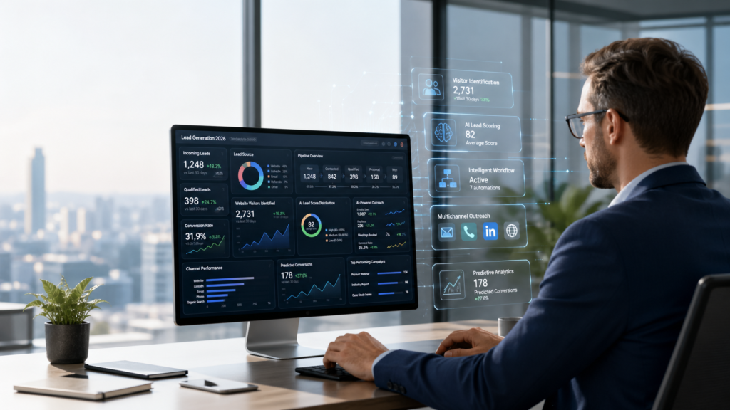 Marketing professional analyzing a lead generation dashboard with AI scoring, visitor identification, predictive analytics, and multichannel outreach data.