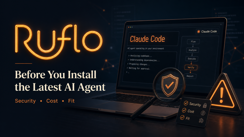Ruflo AI agent security warning graphic showing Claude Code, a laptop, checklist, shield, and warning icon for evaluating AI tools before installation.